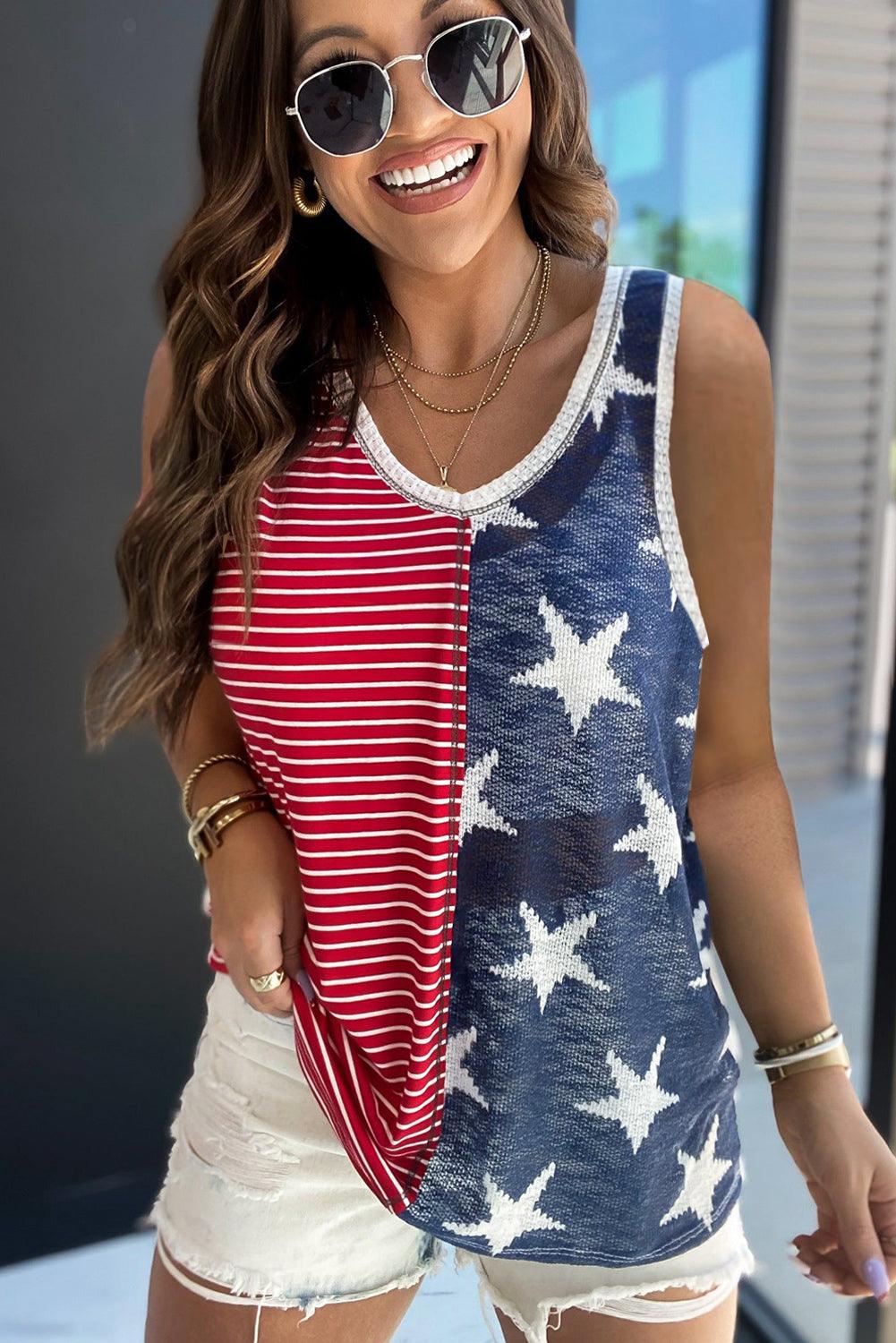 Multicolor Stripes Stars Print Knit Short Sleeves Top - L & M Kee, LLC