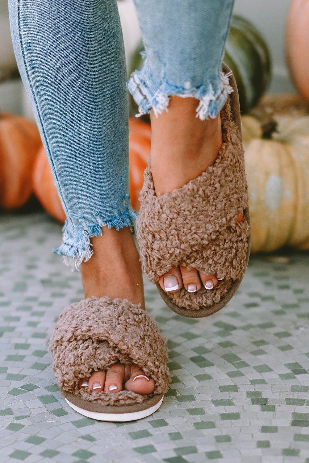 Brown Teddy Fur Cross Straps Home Slippers - L & M Kee, LLC