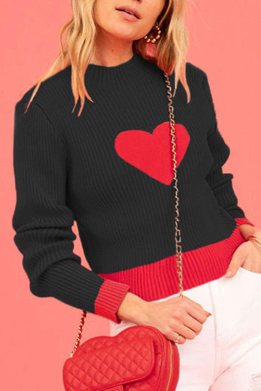 Fiery Red Mock Neck Colorblock Valentine Heart Ribbed Sweater - L & M Kee, LLC