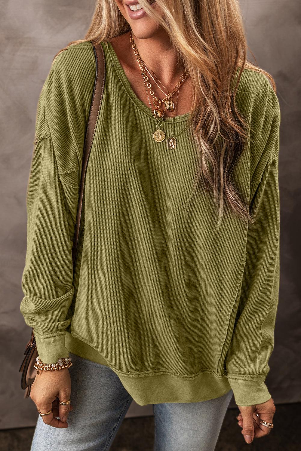 Jungle Green Textured Seamed Drop Sleeve Sweatshirt - L & M Kee, LLC