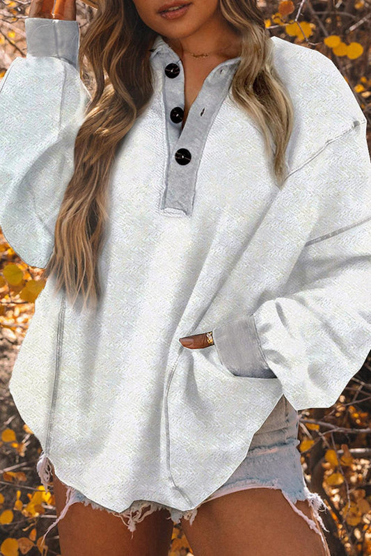 White Textured Side Pockets Buttoned Neckline Sweatshirt - L & M Kee, LLC