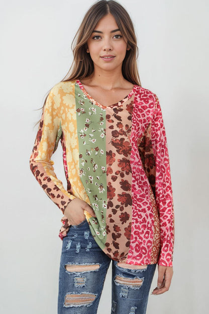 Multicolor Floral Leopard Mixed Print V Neck Long Sleeve Tee - L & M Kee, LLC