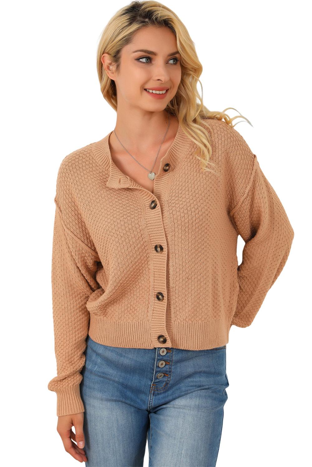 Khaki Button Front Drop Shoulder Knitted Cardigan - L & M Kee, LLC