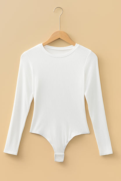 White Ribbed Long Sleeve Crew Neck Solid Color Bodysuit