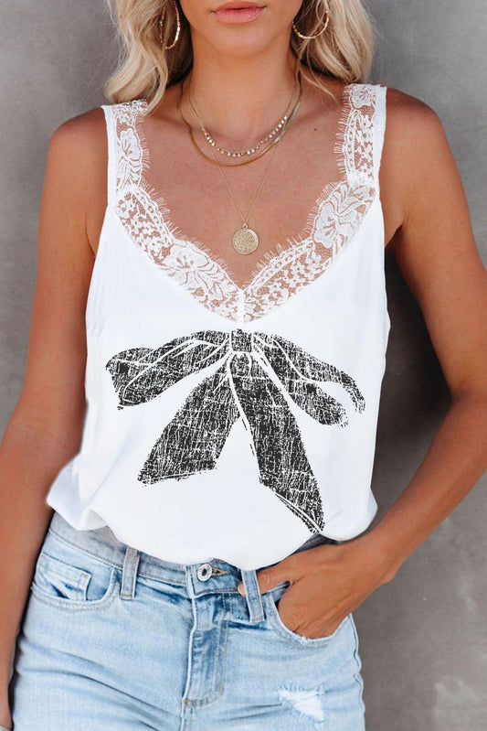 White Bow Knot Print Lace Splicing V Neck Tank Top - L & M Kee, LLC