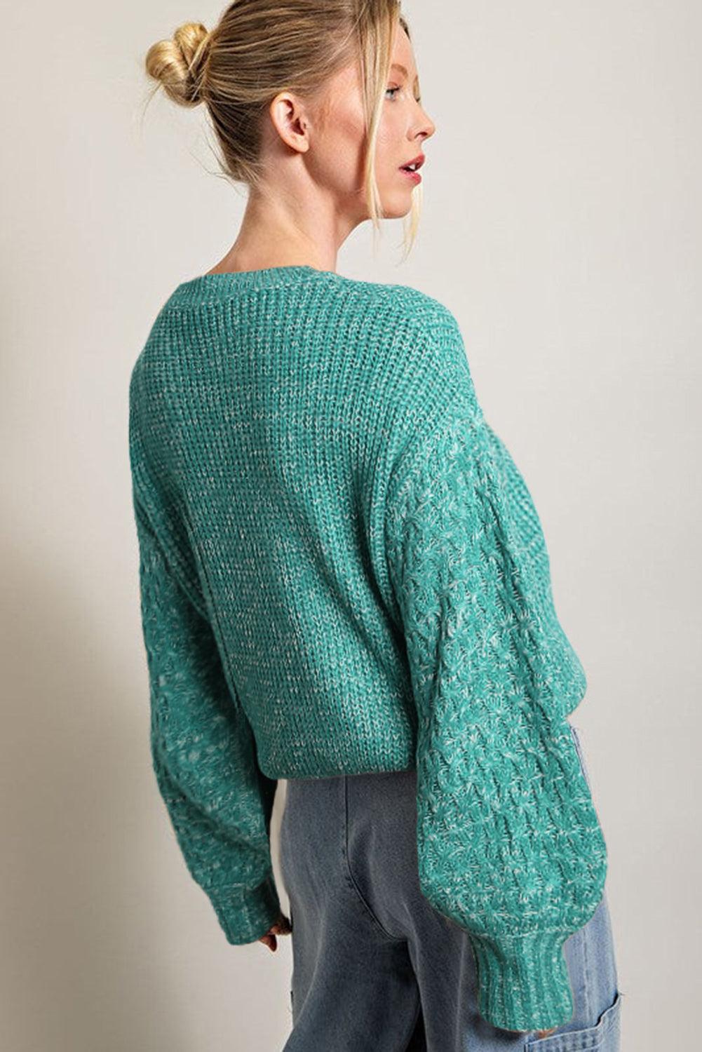 Sea Green Cable Knit Sleeve Drop Shoulder Sweater - L & M Kee, LLC