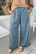 Blue Leopard Print Exposed Seam Detail Wide Leg Drawstring Jeans