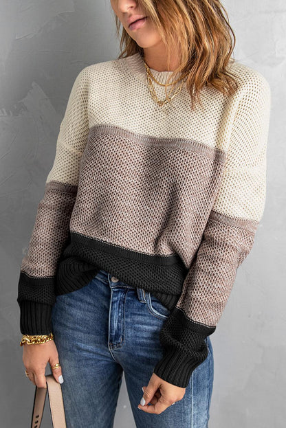 Gray Color Block Netted Texture Pullover Sweater - L & M Kee, LLC