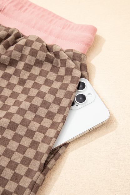 Brown Checkerboard Long Sleeve Pullover and Shorts Set