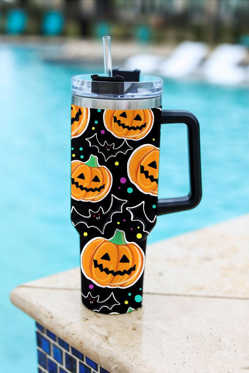 Black Halloween Pumpkin Bat Printed Tumbler with Straw - L & M Kee, LLC