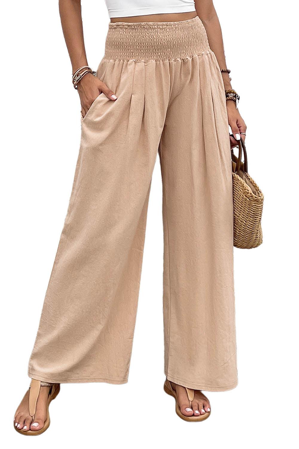 Khaki Smocked Wide Waistband High Waist Wide Leg Pants - L & M Kee, LLC