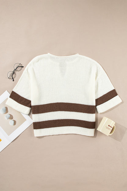 Brown Striped Accent Notched V Neck Cropped Sweater T Shirt