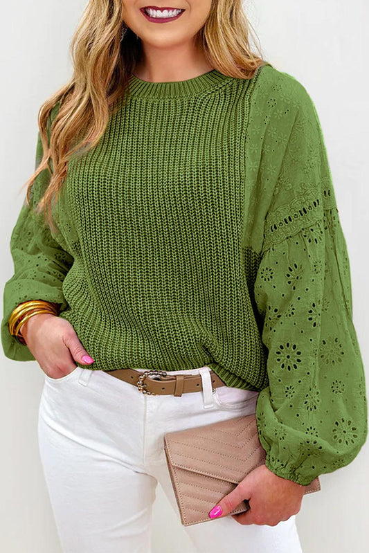 Green Eyelet Drop Shoulder Patchwork Pullover Sweater - L & M Kee, LLC