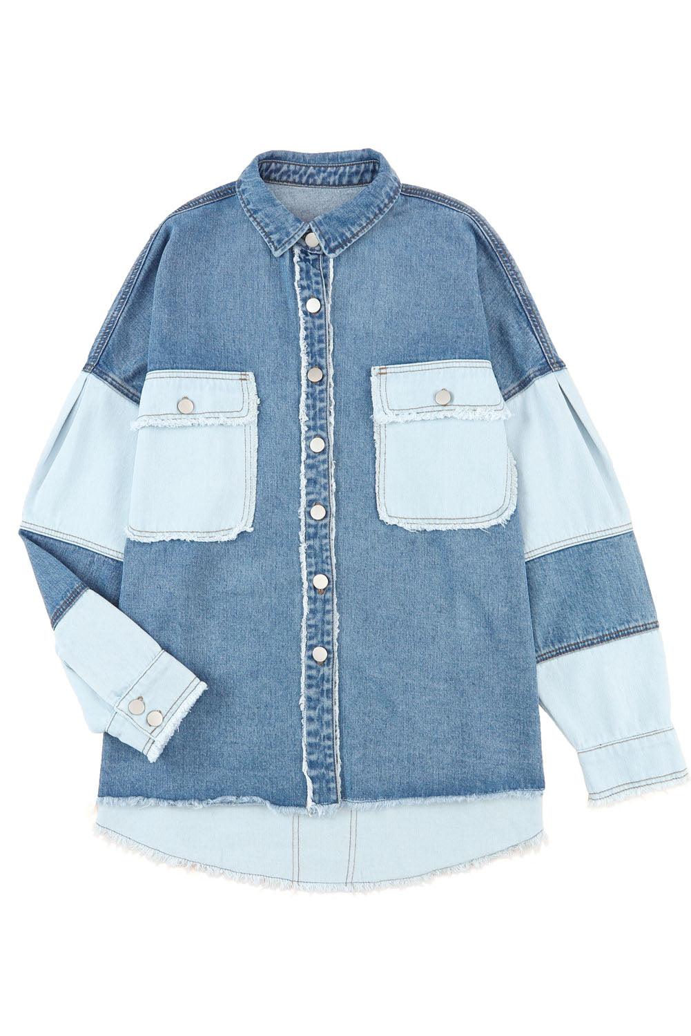 Blue Color Block Frayed Patchwork Oversize Denim Jacket - L & M Kee, LLC