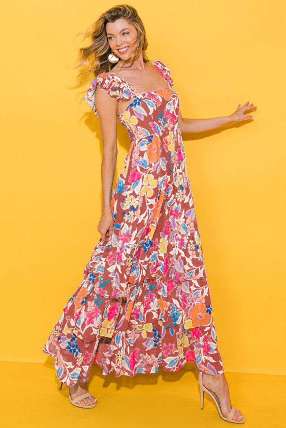 Pink Floral Print Sleeveless Ruffle Tiered Maxi Dress