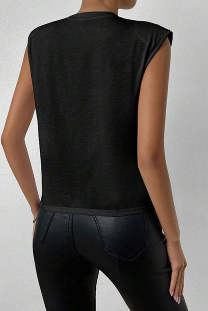 Black Pearls Beaded Shoulder Pad Crew Neck Tank Top - L & M Kee, LLC