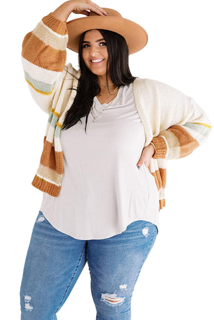 Beige Plus Size Striped Print Open Front Cardigan - L & M Kee, LLC