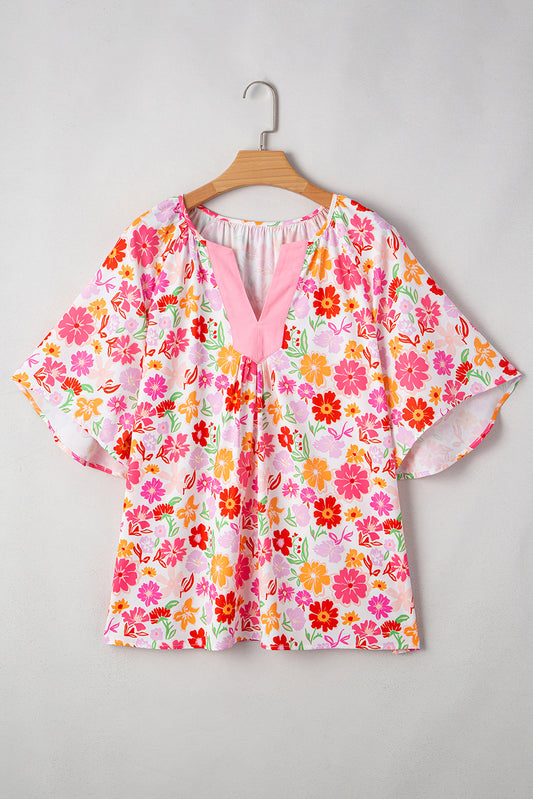 White Floral Split V Neck Wide Short Sleeve Plus Size Blouse Top