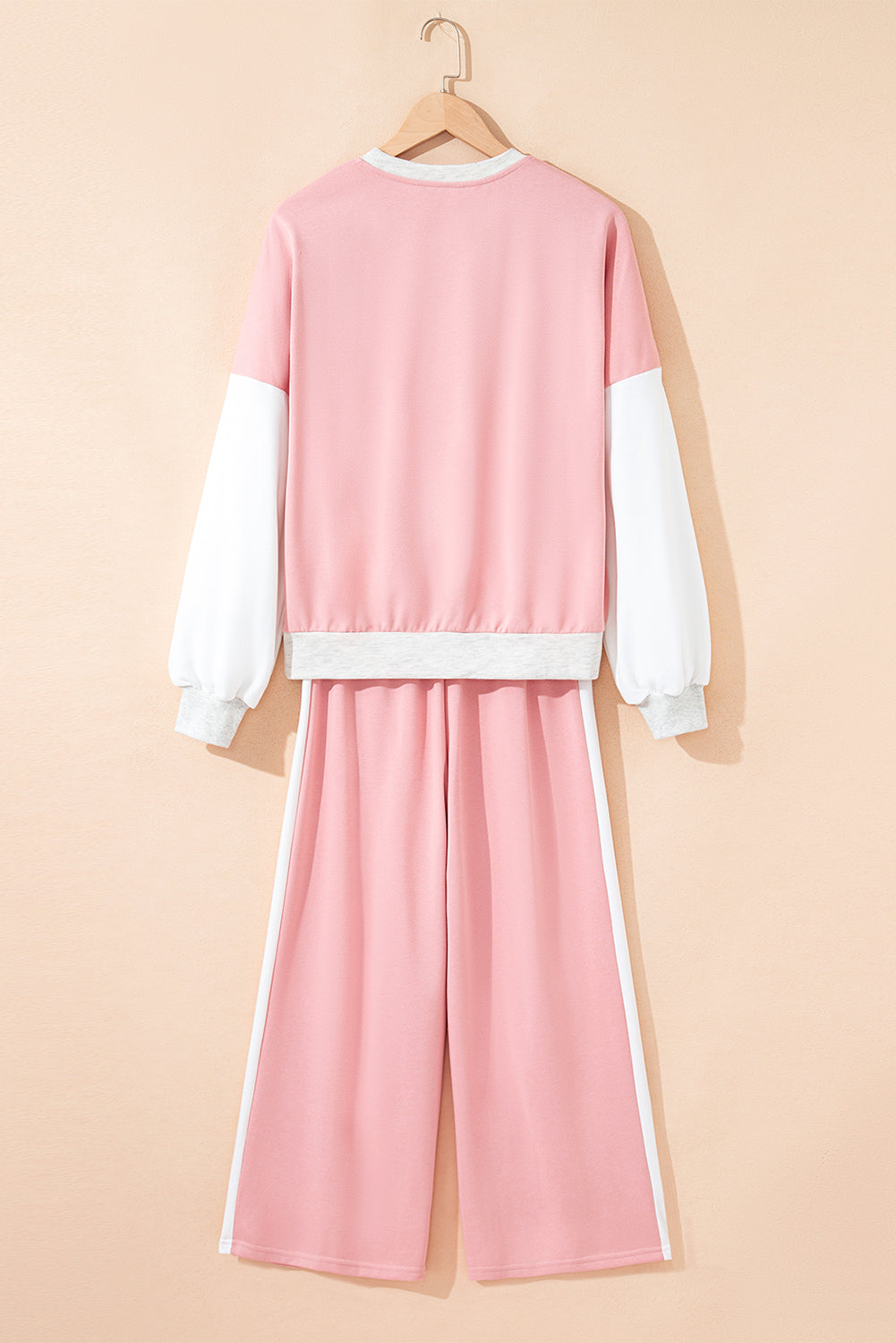 Rose Red 2pcs Color Block Pullover Loose Pant Set