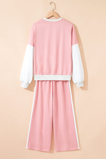 Rose Red 2pcs Color Block Pullover Loose Pant Set