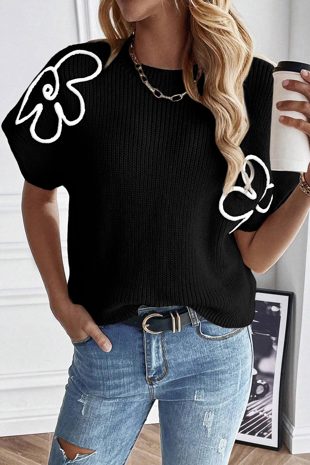 Black Flower Embroidery Sweater Tee - L & M Kee, LLC
