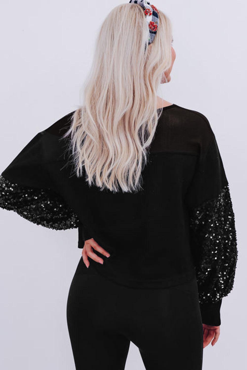 Black Sequin Patchwork Lantern Sleeve Blouse - L & M Kee, LLC