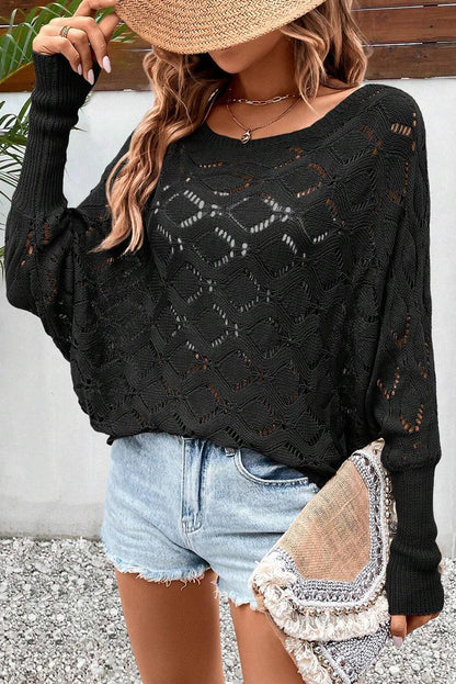 Black Chic Rhombus Knit Dolman Sleeve Sweater - L & M Kee, LLC