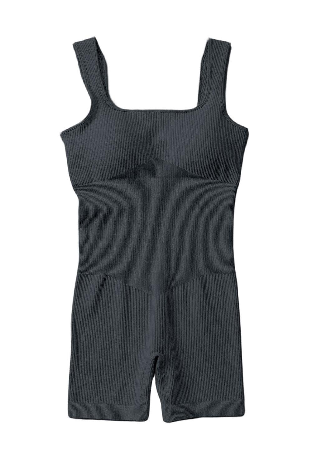 Gray Ribbed Square Neck Padded Sports Romper - L & M Kee, LLC