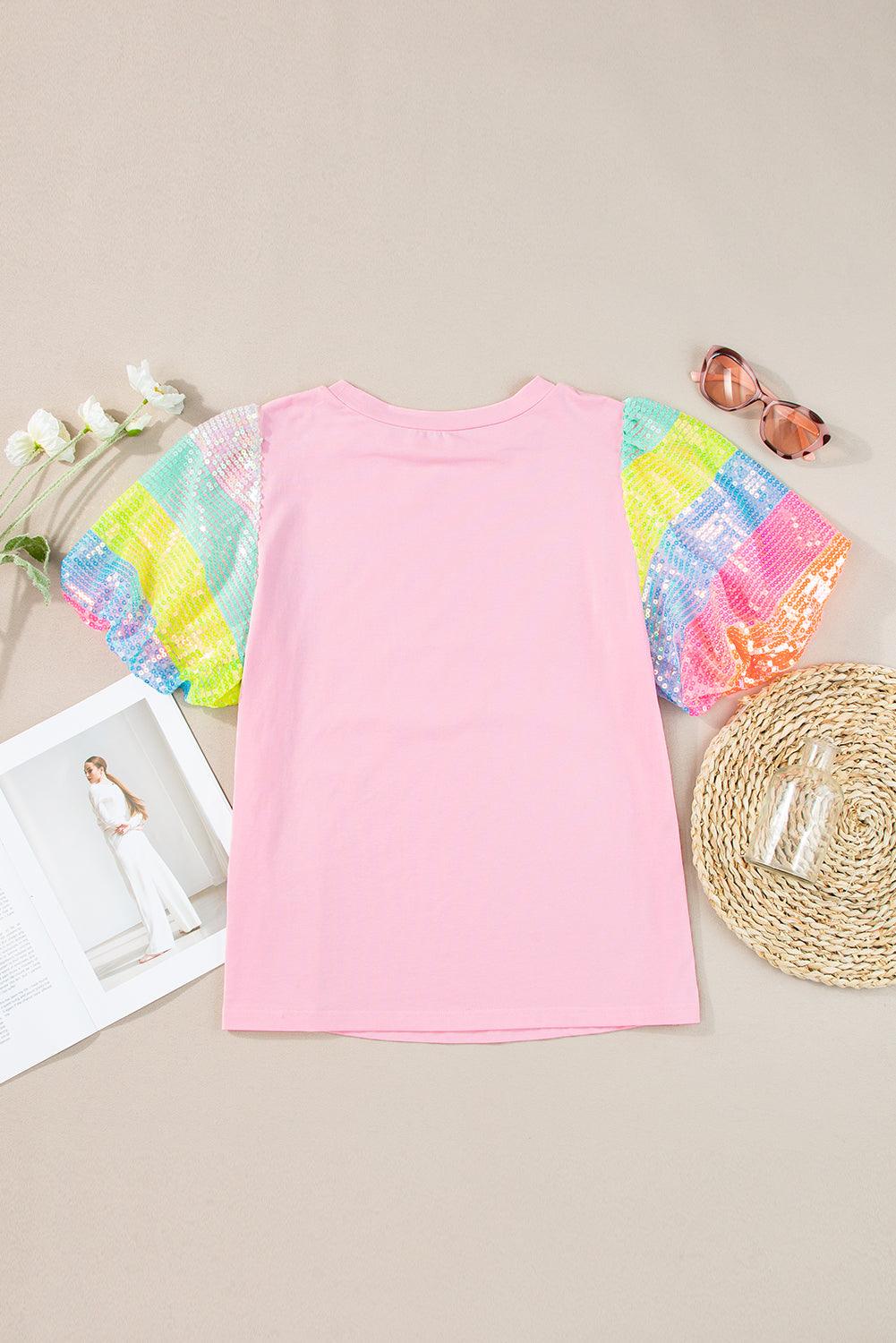 Pink Sequin Colorblock Striped Puff Sleeve Top