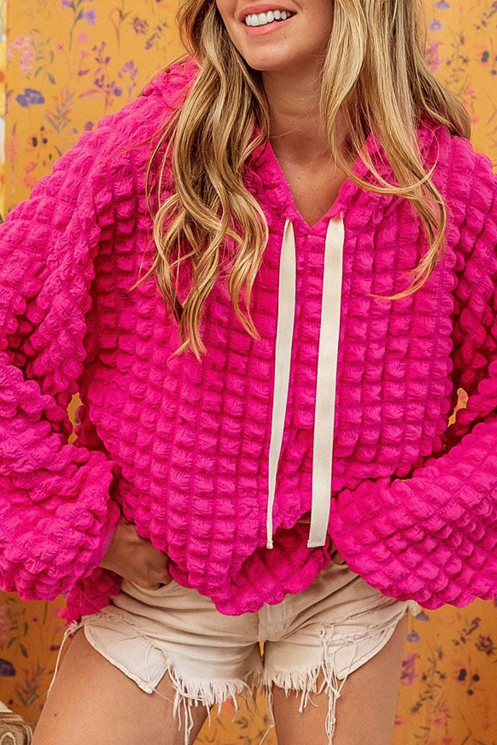 Rose Bubble Textured Waffle Hoodie - L & M Kee, LLC