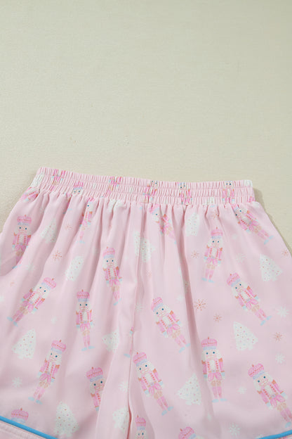 Pink Bow Tie Front Christmas Nutcracker Long Sleeve Shirt Shorts Pajama Set