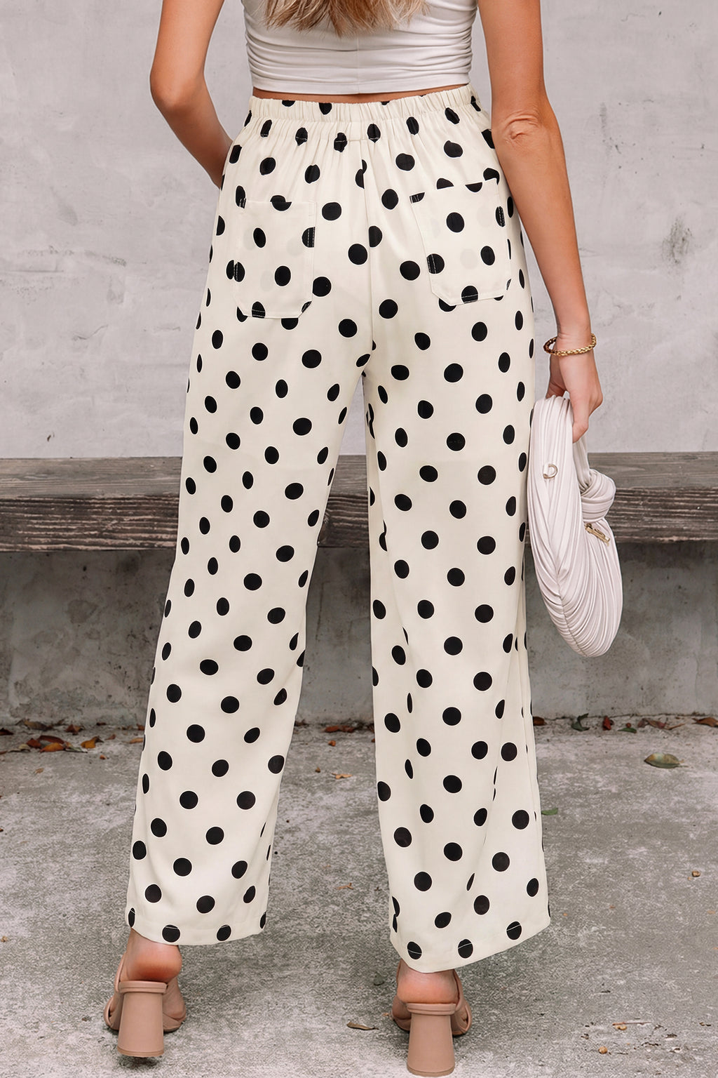 White Polka Dot Print Patched Pocket Loose Pants