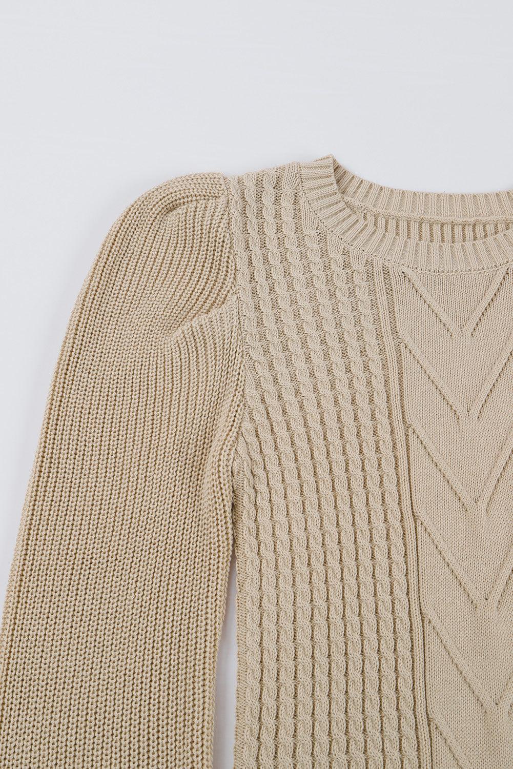 Apricot Cable Ribbed Knit Mix Pattern Puff Sleeve Sweater - L & M Kee, LLC