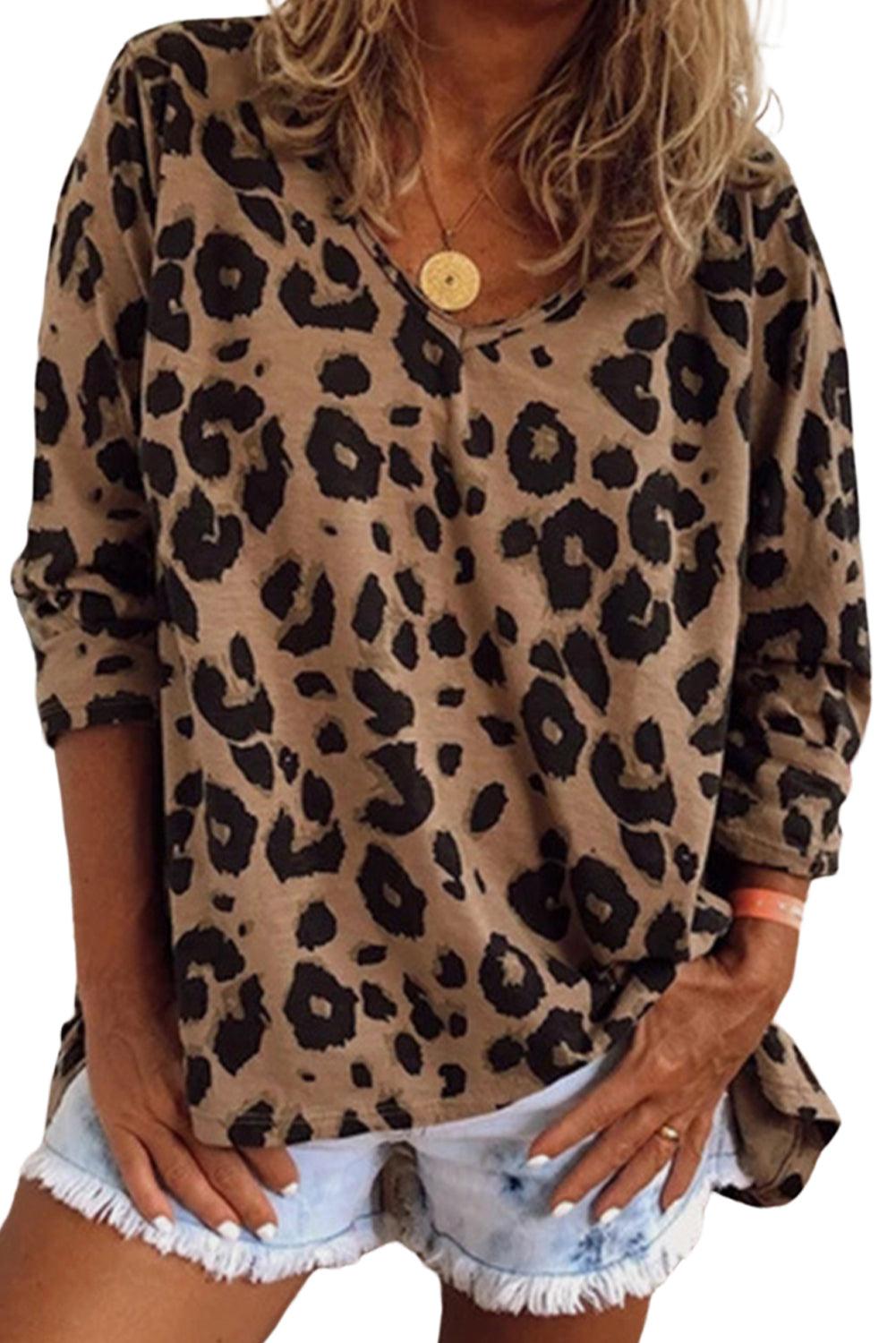 Leopard Split Joint V Neck Long Sleeve Top - L & M Kee, LLC