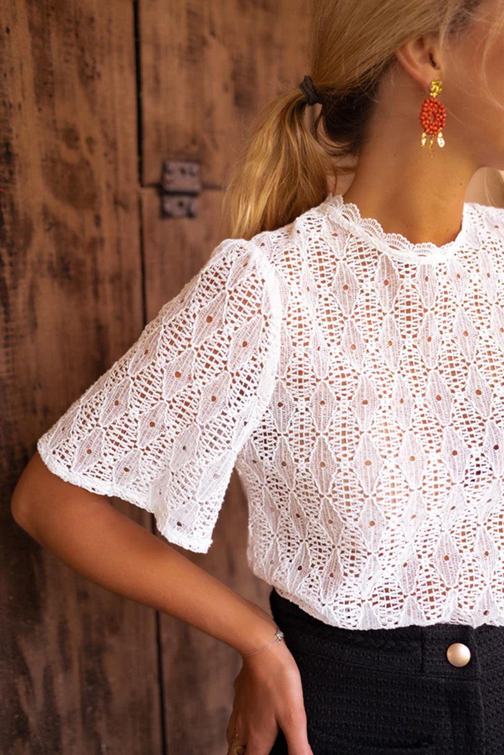 White Short Sleeve Keyhole Back Lace Blouse - L & M Kee, LLC