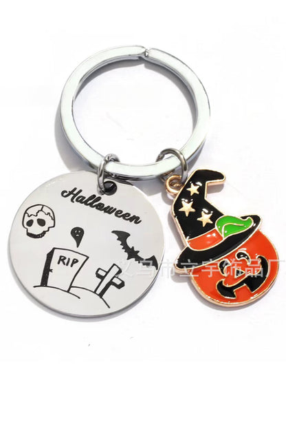 Orange Halloween Witch Skull Stainless Steel Keychain