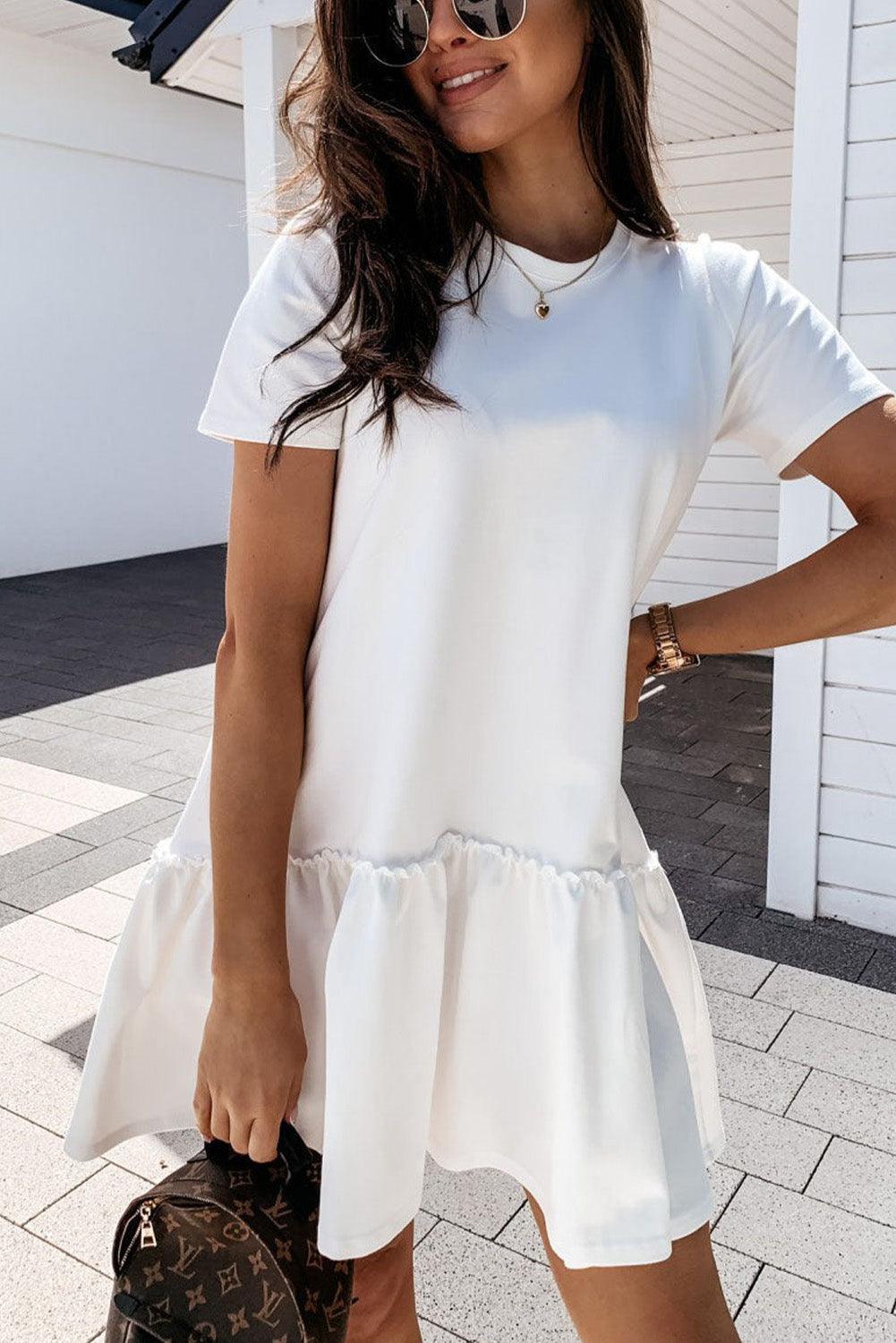 White Frilly Splicing Hem Short Sleeve Casual Dress - L & M Kee, LLC