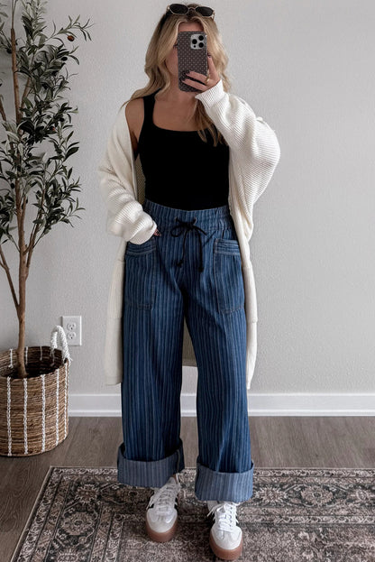 Blue Stripe Contrasted Drawstring Pocketed Loose Jeans