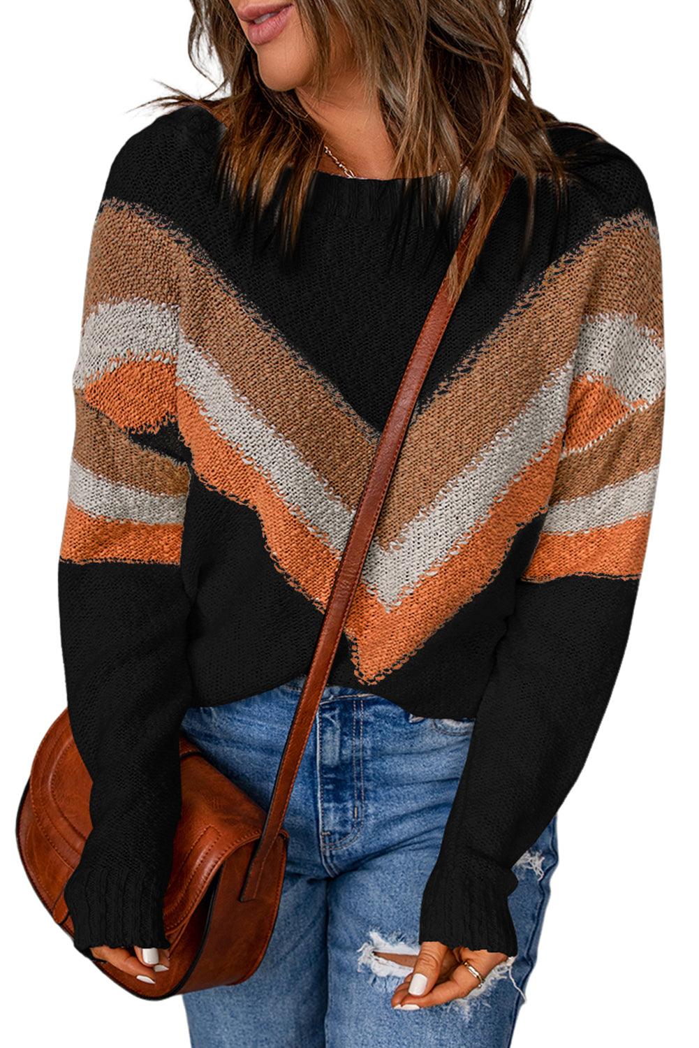 Multicolor Chevron Striped Drop Shoulder Sweater - L & M Kee, LLC