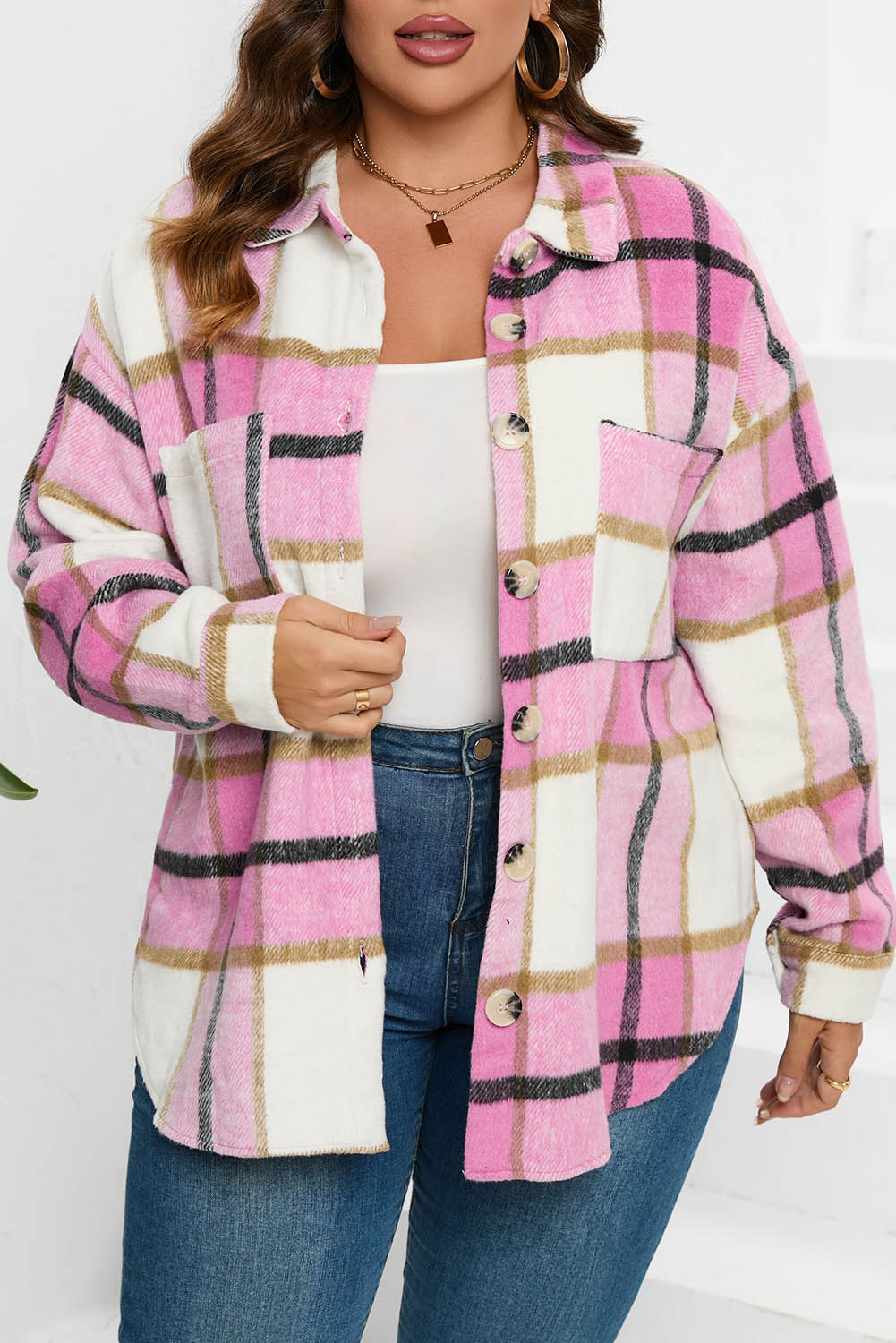 Pink Plaid Color Block Buttoned Long Sleeve Jacket with Pocket