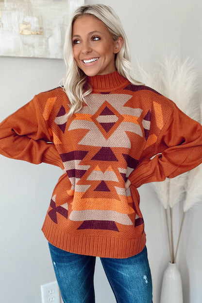 Brown Aztec Knitted High Neck Drop Shoulder Sweater - L & M Kee, LLC