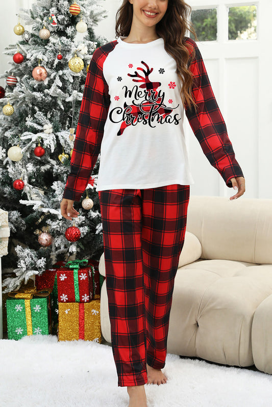 Fiery Red Christmas Plaid Reindeer Graphic Long Sleeve Lounge Set