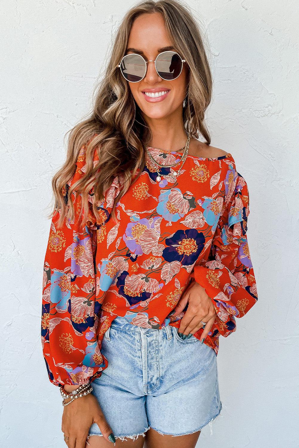 Red Floral Print Ruffle Puff Sleeve Blouse - L & M Kee, LLC