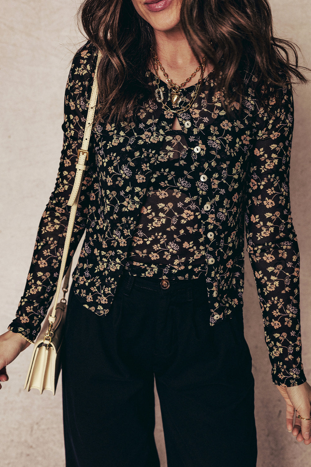 Black Floral Print Mesh Tank Button Front Slim Cardigan 2pcs Set