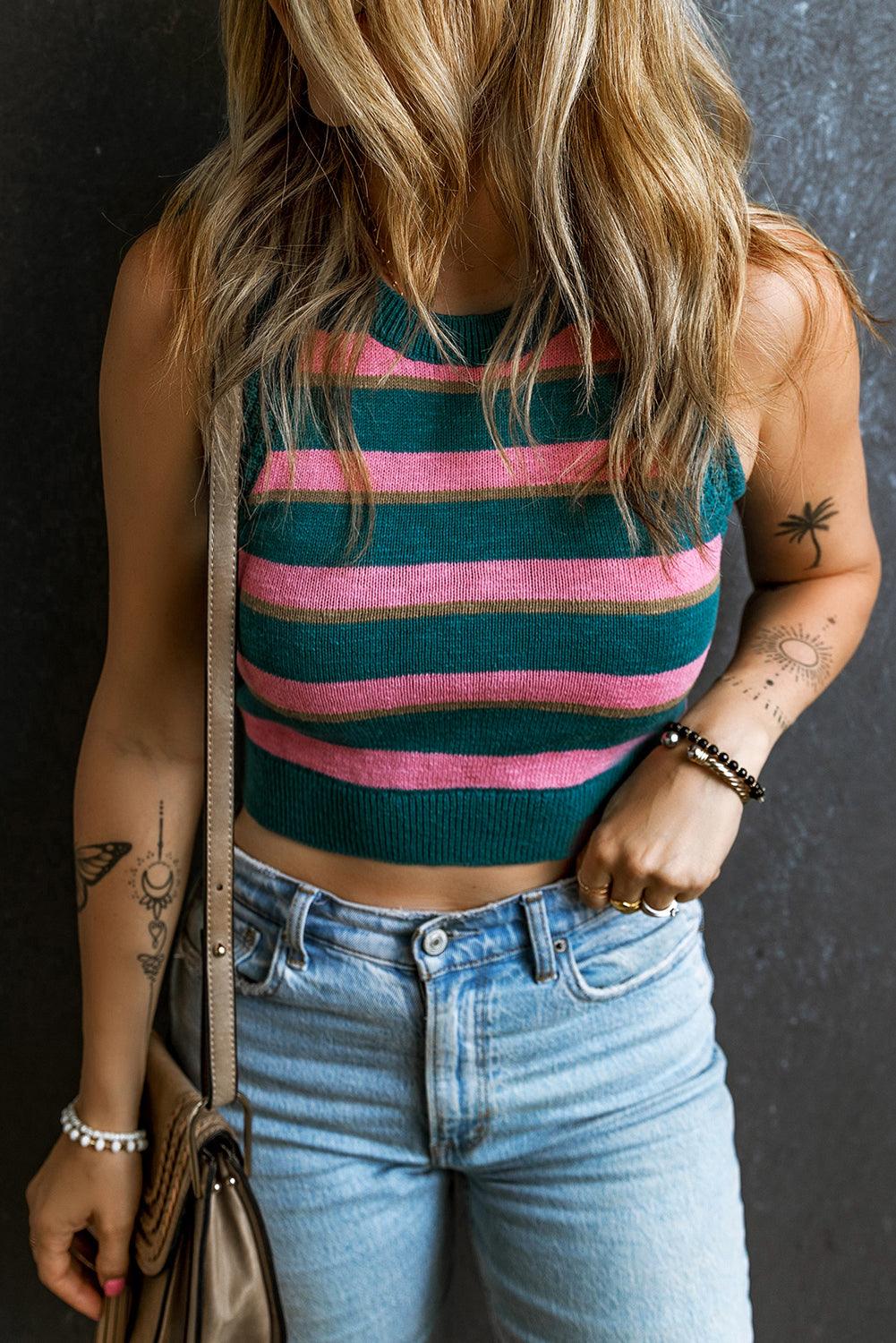 Pink Stripe Sleeveless Knit Cropped Sweater Top - L & M Kee, LLC