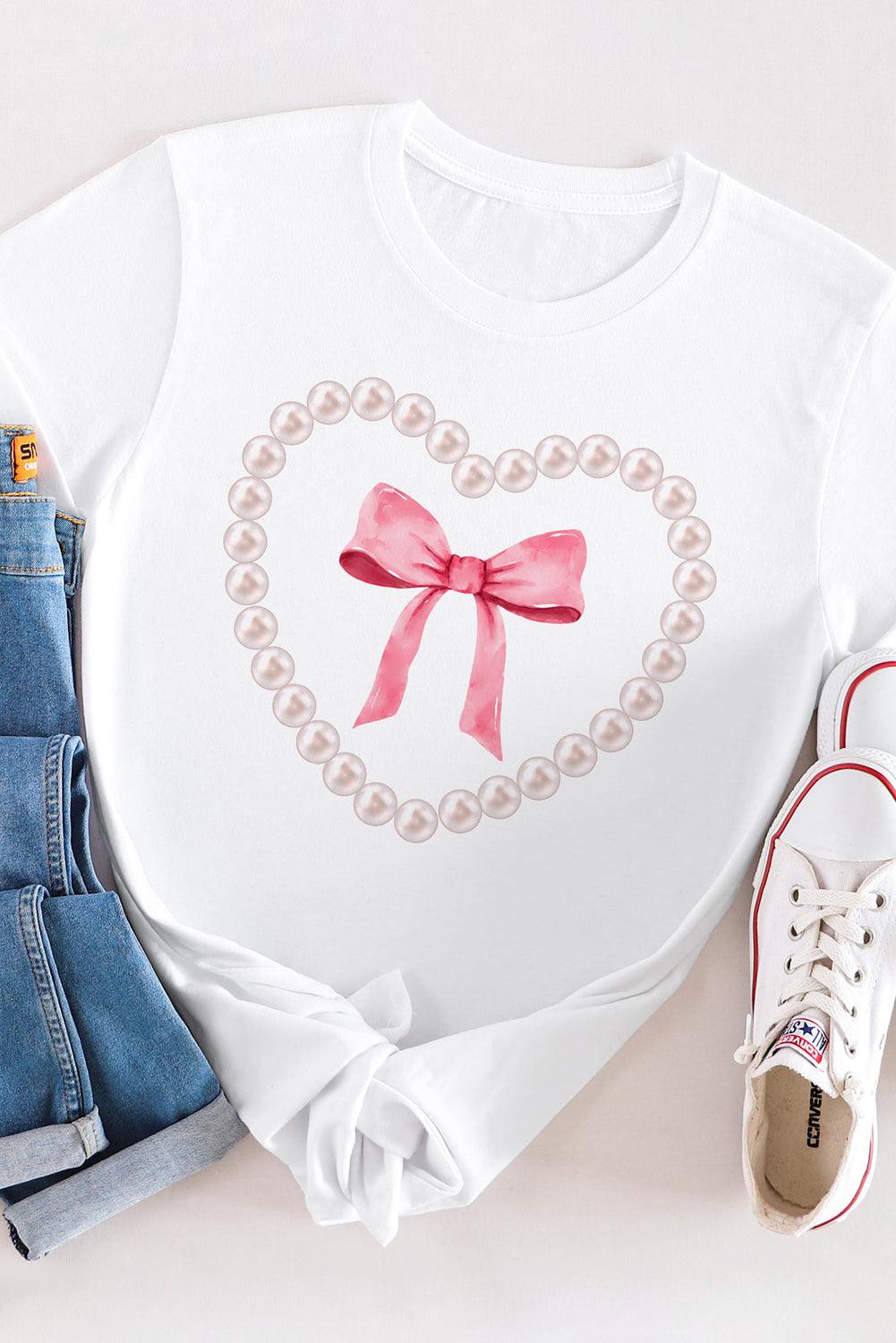 White Pearl Heart Bowknot Graphic T Shirt - L & M Kee, LLC