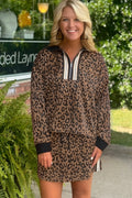 Khaki Leopard Print Quarter Zip Long Sleeve Top Mini Skirt Set