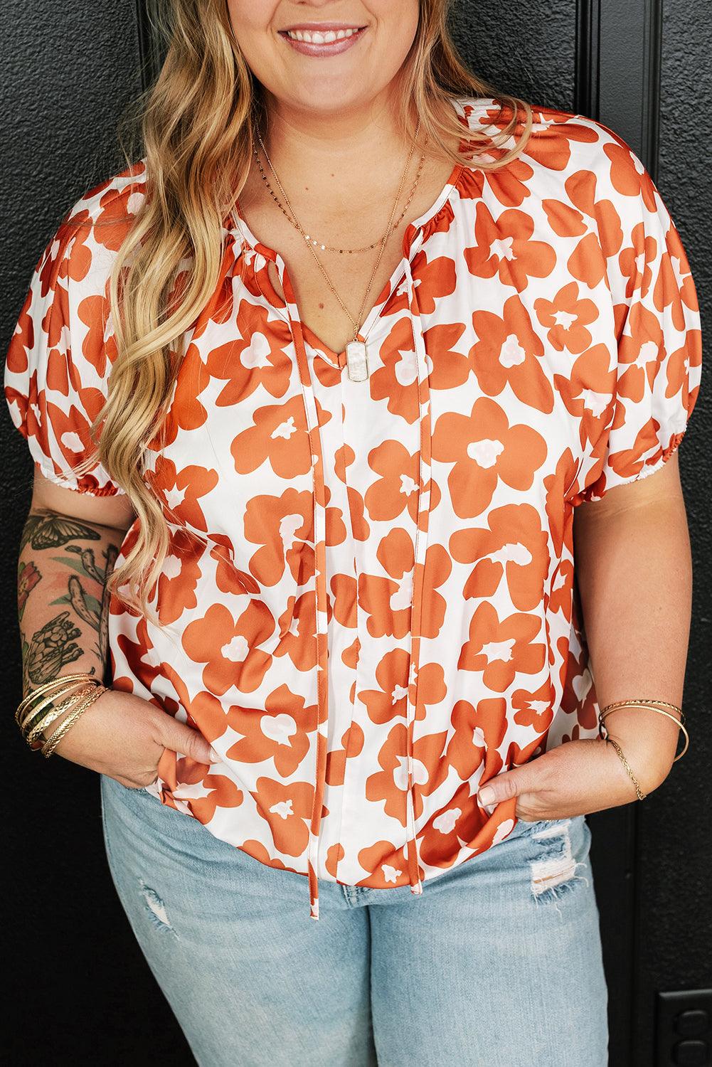 Orange Plus Size Floral Print Drawstring V Neck Short Sleeve Blouse - L & M Kee, LLC