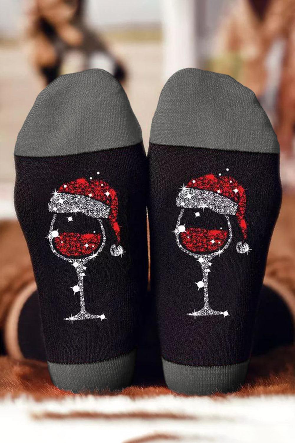 Black Christmas Champagne Santa Hat Graphic Socks - L & M Kee, LLC