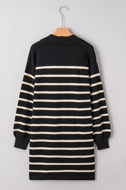 Black Stripe Polo Collar Puff Sleeve Sweater Mini Dress